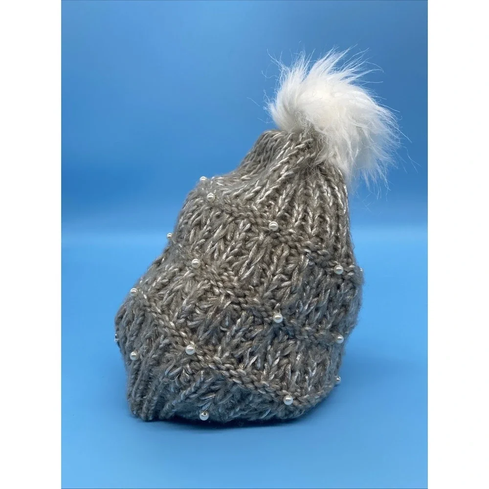 Betsy Johnson Silver Winter‎ Beanie Hat w/Faux Pearls and Pom-Pom